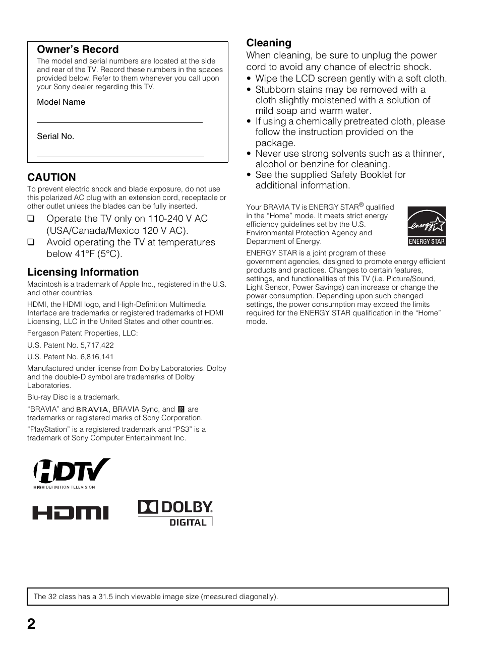 Caution, Licensing information, Cleaning | Owner’s record | Sony KDL-42EX440 User Manual | Page 2 / 76