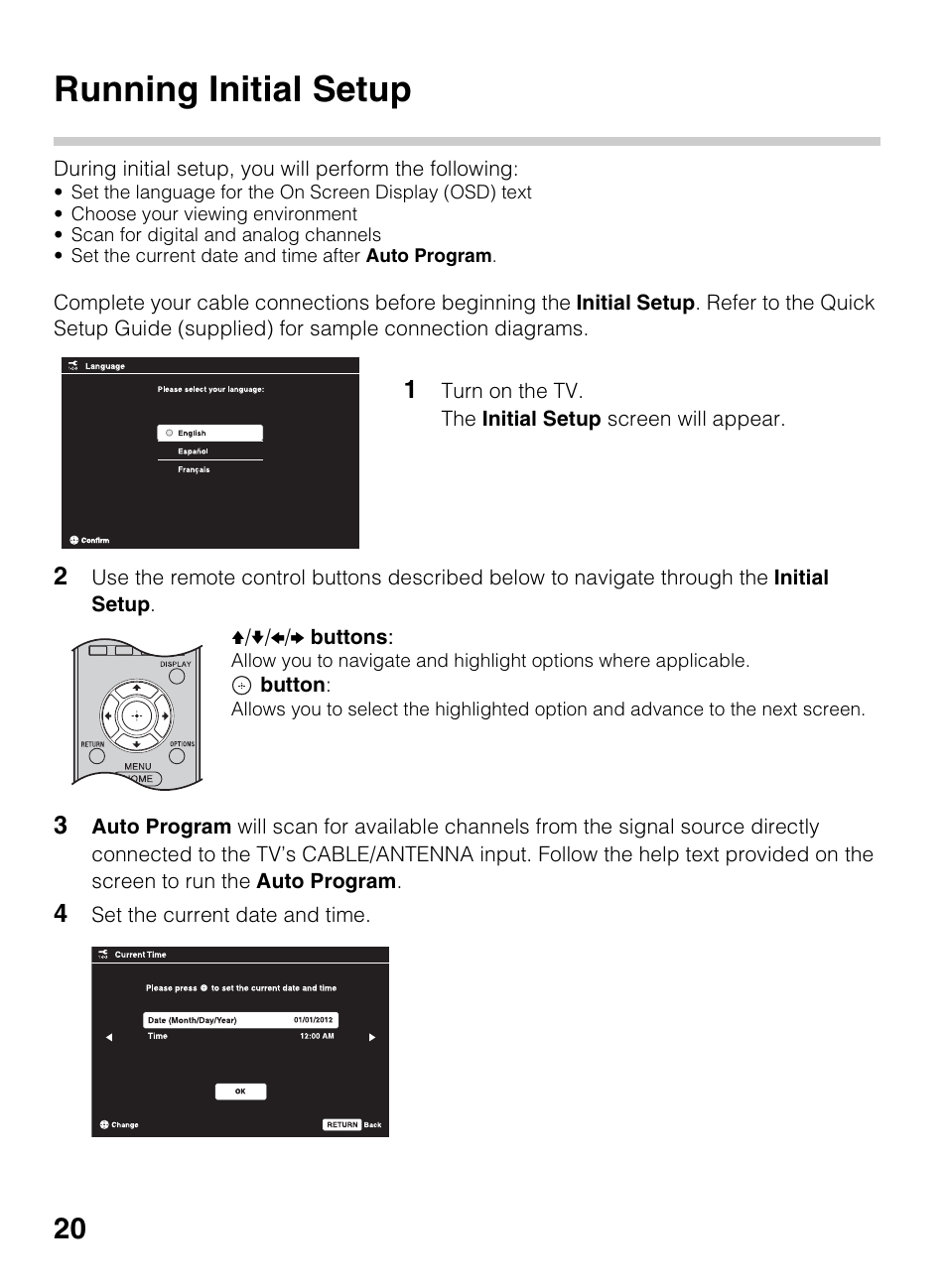 Running initial setup | Sony KDL-42EX440 User Manual | Page 20 / 76