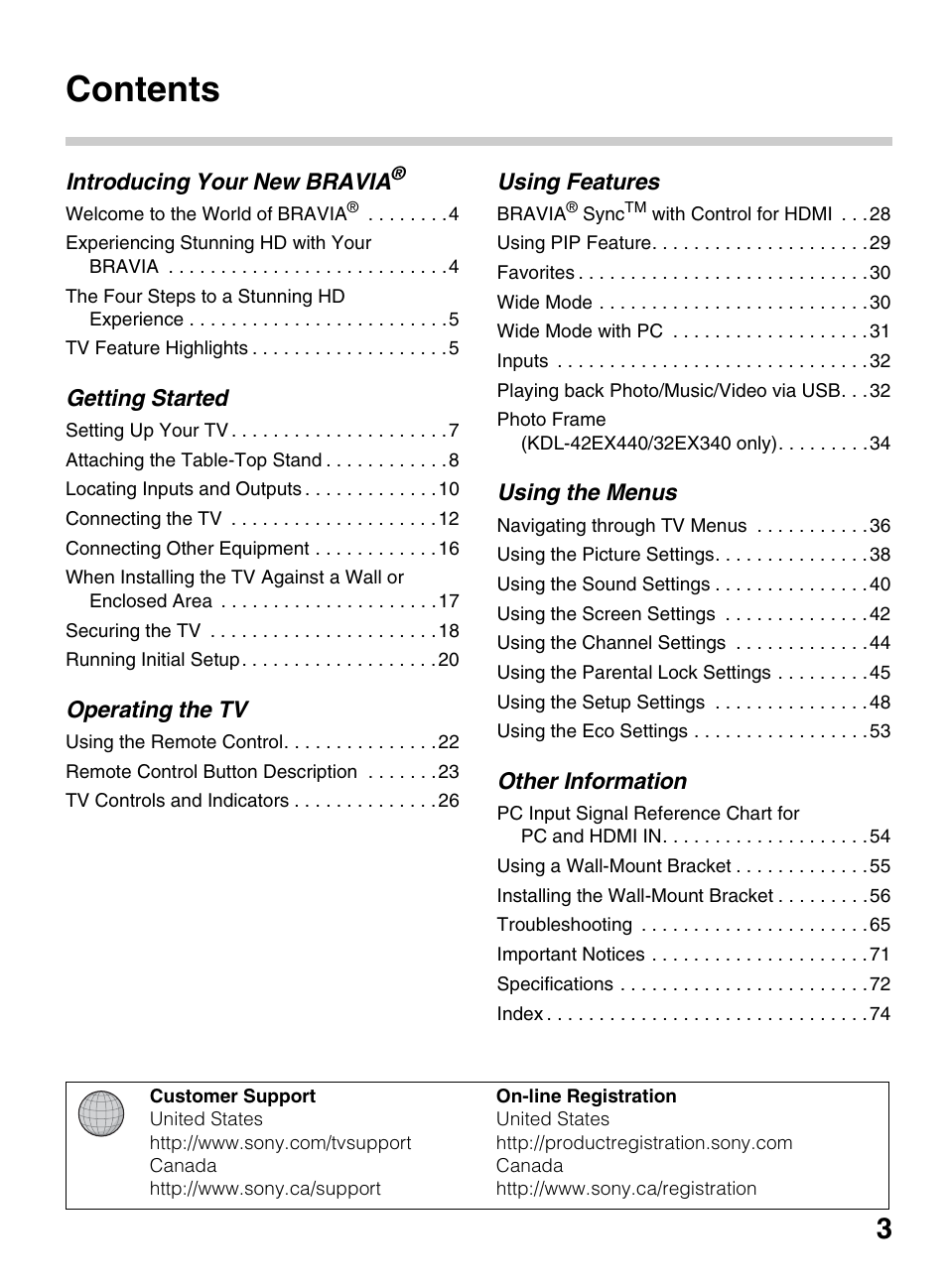 Sony KDL-42EX440 User Manual | Page 3 / 76