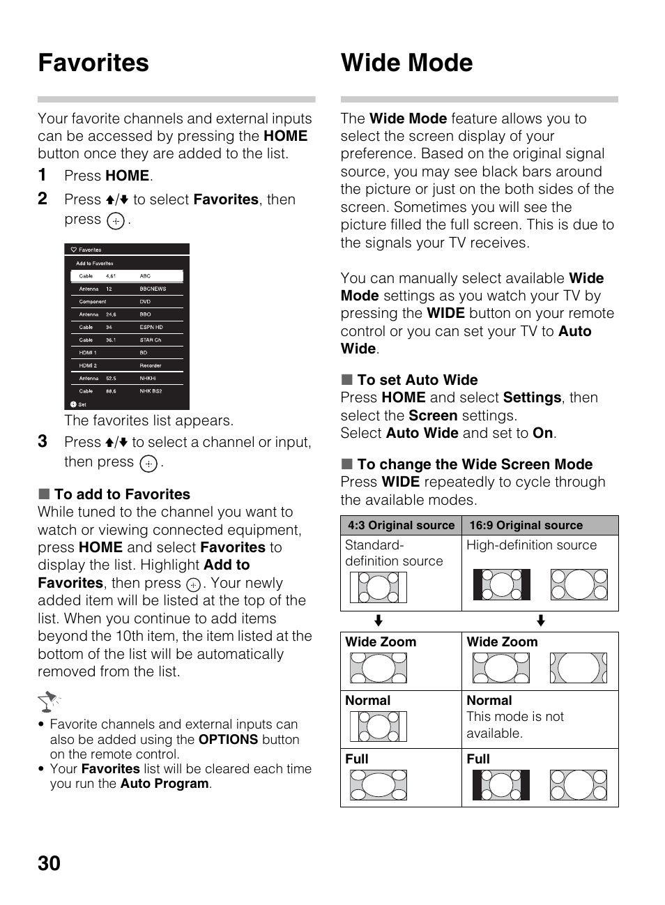 Favorites, Wide mode | Sony KDL-42EX440 User Manual | Page 30 / 76