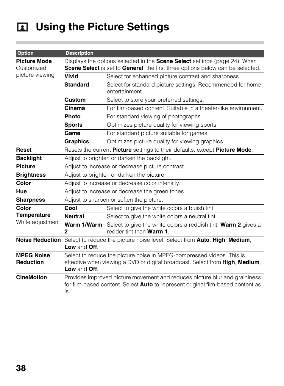 Using the picture settings | Sony KDL-42EX440 User Manual | Page 38 / 76