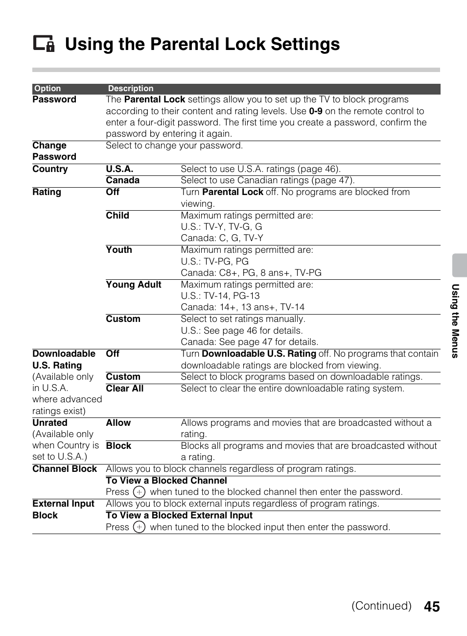 Using the parental lock settings, Continued) | Sony KDL-42EX440 User Manual | Page 45 / 76