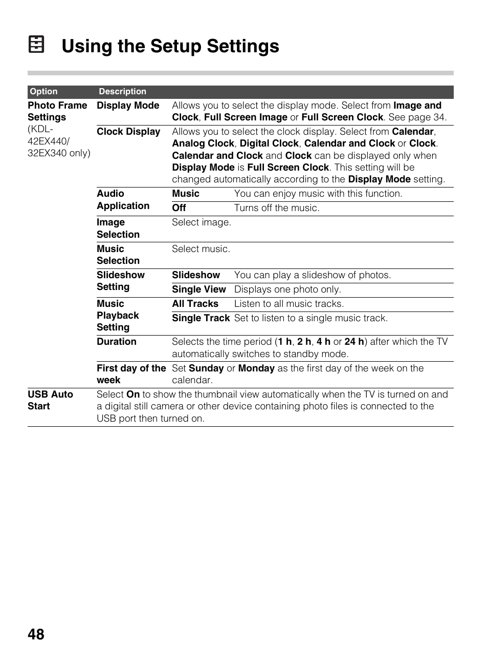 Using the setup settings | Sony KDL-42EX440 User Manual | Page 48 / 76