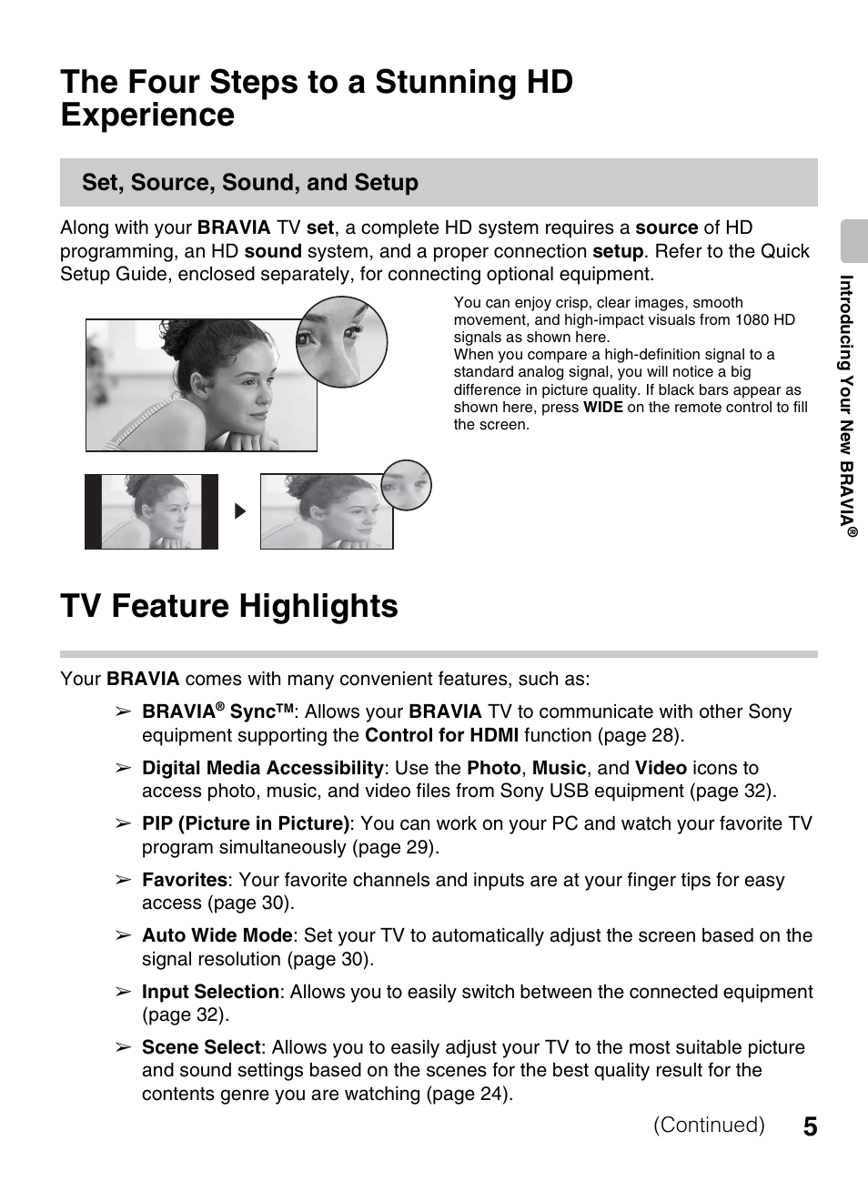 The four steps to a stunning hd experience, Tv feature highlights, The four steps to a stunning hd | Experience, Set, source, sound, and setup | Sony KDL-42EX440 User Manual | Page 5 / 76