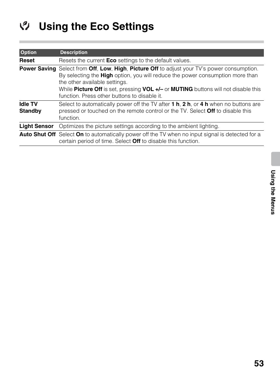Using the eco settings | Sony KDL-42EX440 User Manual | Page 53 / 76