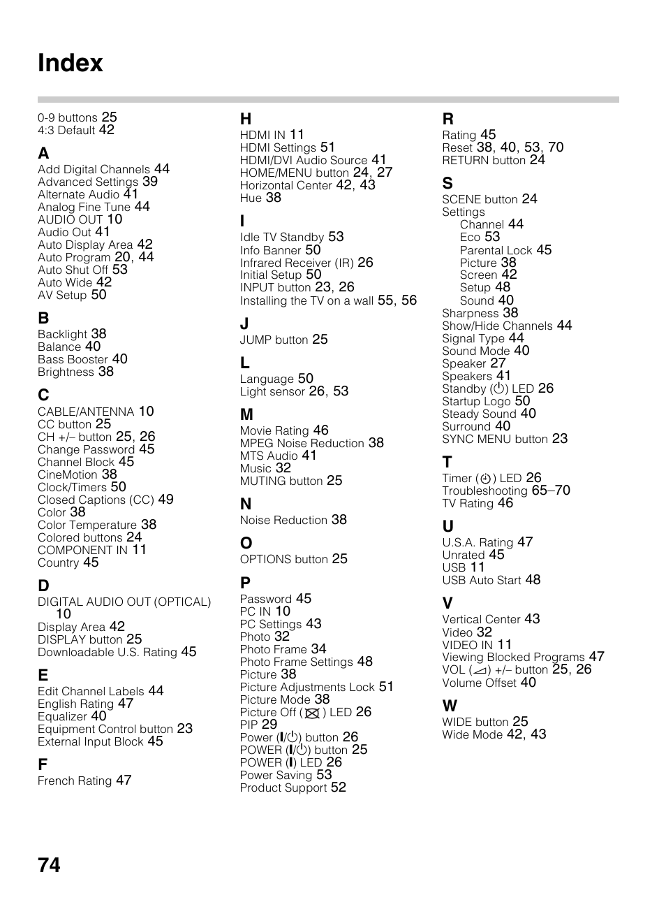 Index | Sony KDL-42EX440 User Manual | Page 74 / 76