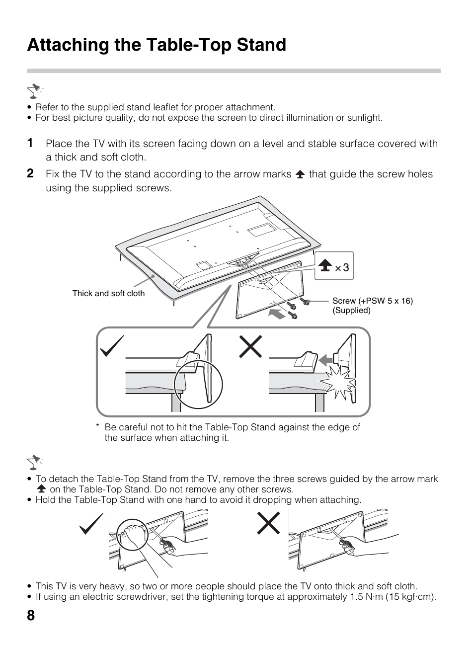 Attaching the table-top stand | Sony KDL-42EX440 User Manual | Page 8 / 76