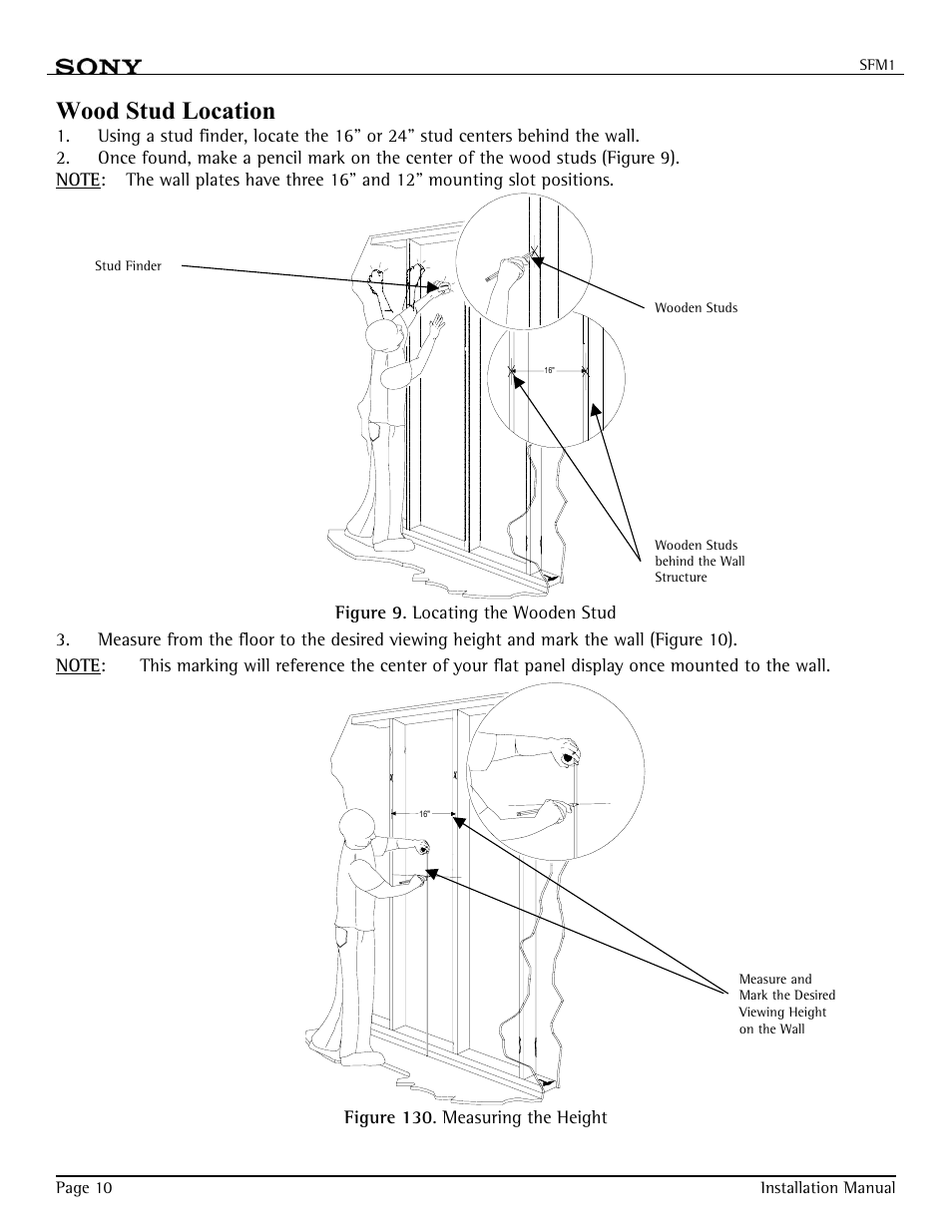 Wood stud location | Sony SFM-1 User Manual | Page 10 / 18