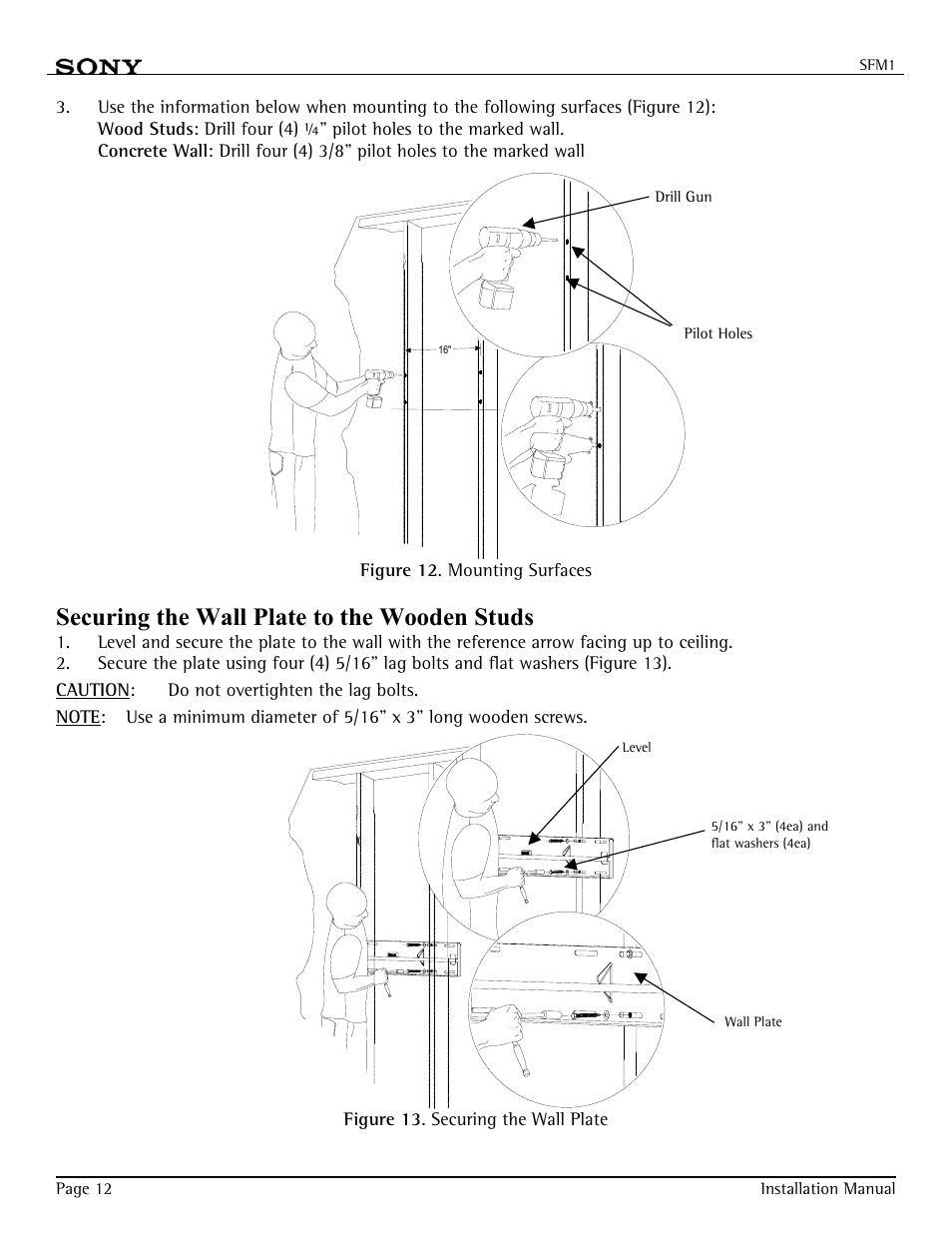 Securing the wall plate to the wooden studs | Sony SFM-1 User Manual | Page 12 / 18