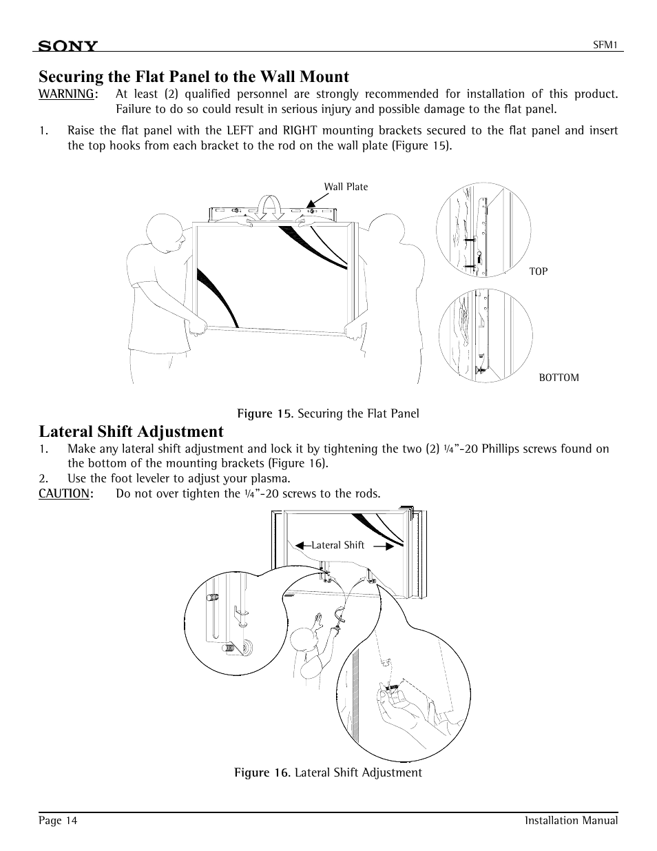 Securing the flat panel to the wall mount, Lateral shift adjustment | Sony SFM-1 User Manual | Page 14 / 18