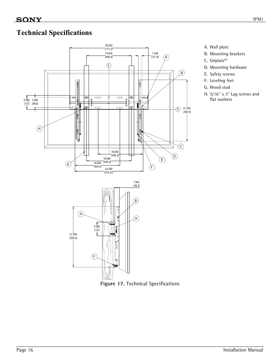 Technical specifications, Figure 17. technical specifications, Page 16 installation manual | Sony SFM-1 User Manual | Page 16 / 18