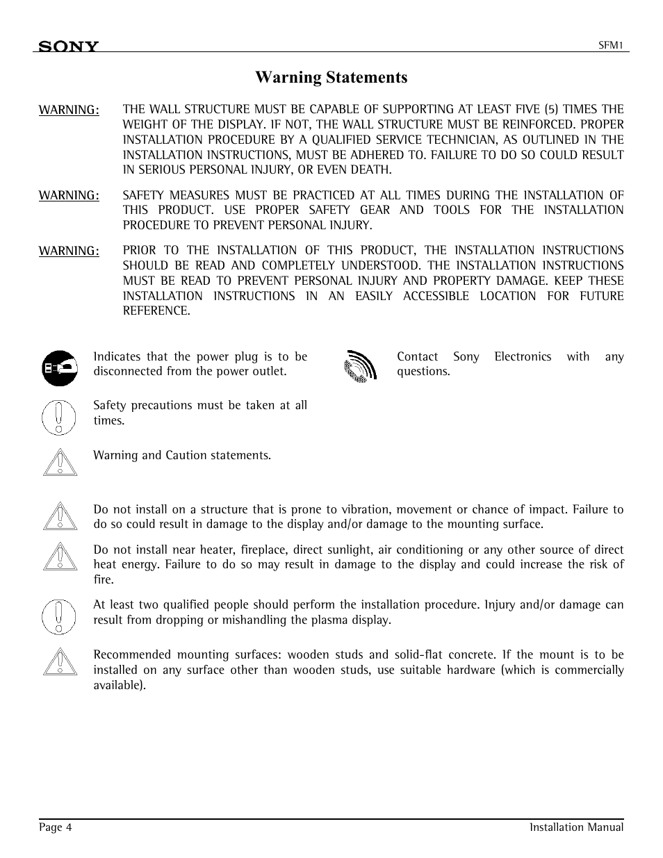 Warning statements | Sony SFM-1 User Manual | Page 4 / 18