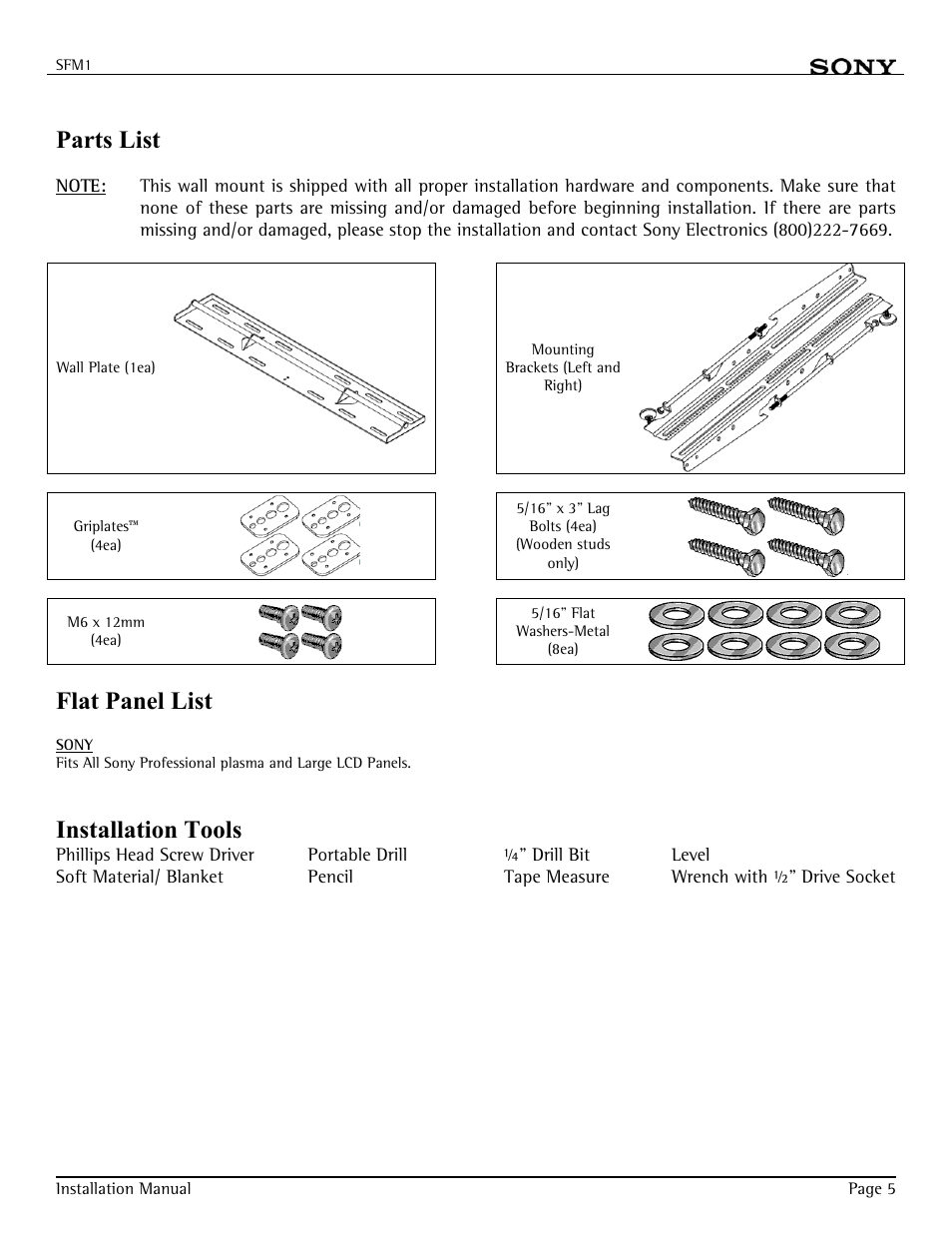 Parts list, Flat panel list, Installation tools | Sony SFM-1 User Manual | Page 5 / 18