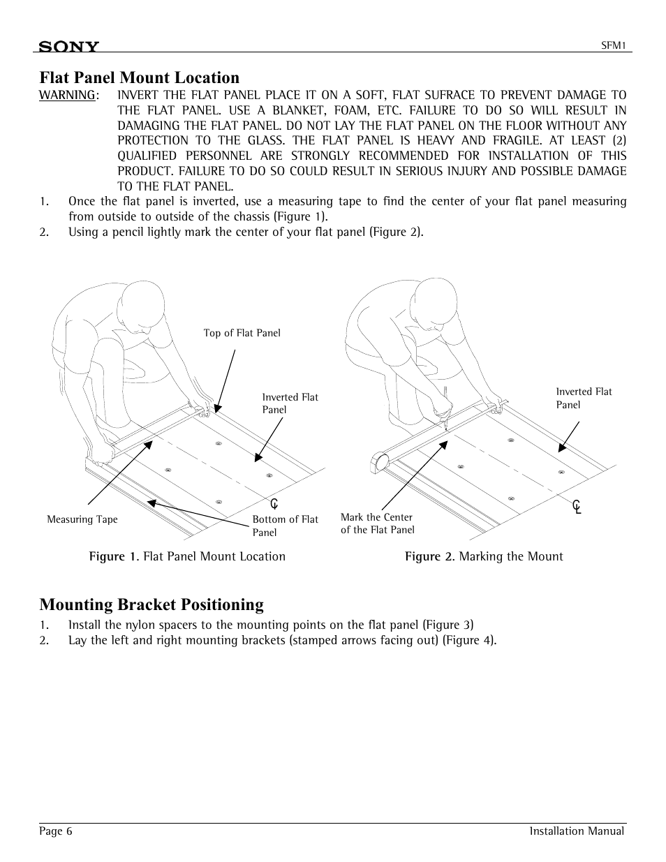 Flat panel mount location, Mounting bracket positioning | Sony SFM-1 User Manual | Page 6 / 18