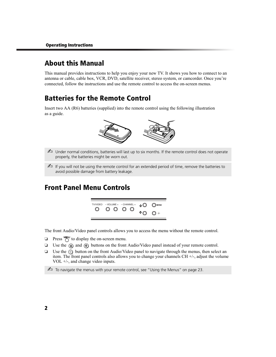 About this manual, Batteries for the remote control, Front panel menu controls | Sony KV-27FS200 User Manual | Page 10 / 64