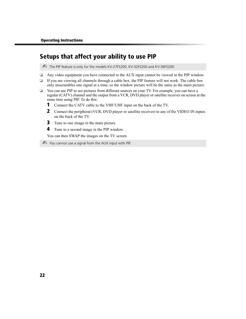 Setups that affect your ability to use pip | Sony KV-27FS200 User Manual | Page 30 / 64