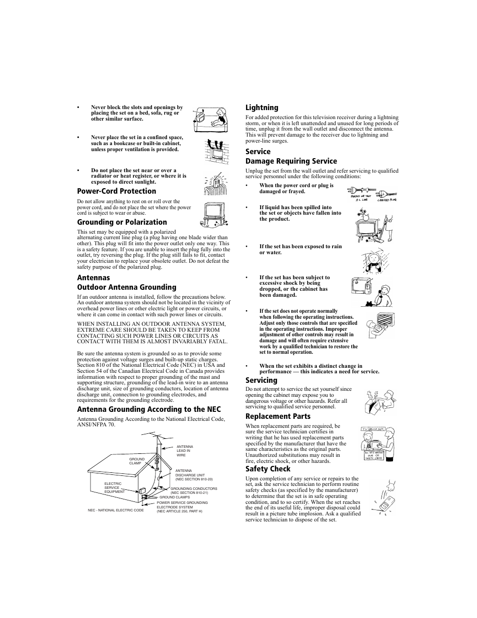 Connecting additional equipment, Power-cord protection, Grounding or polarization | Antennas outdoor antenna grounding, Antenna grounding according to the nec, Lightning, Service damage requiring service, Servicing, Replacement parts, Safety check | Sony KV-27FS200 User Manual | Page 5 / 64