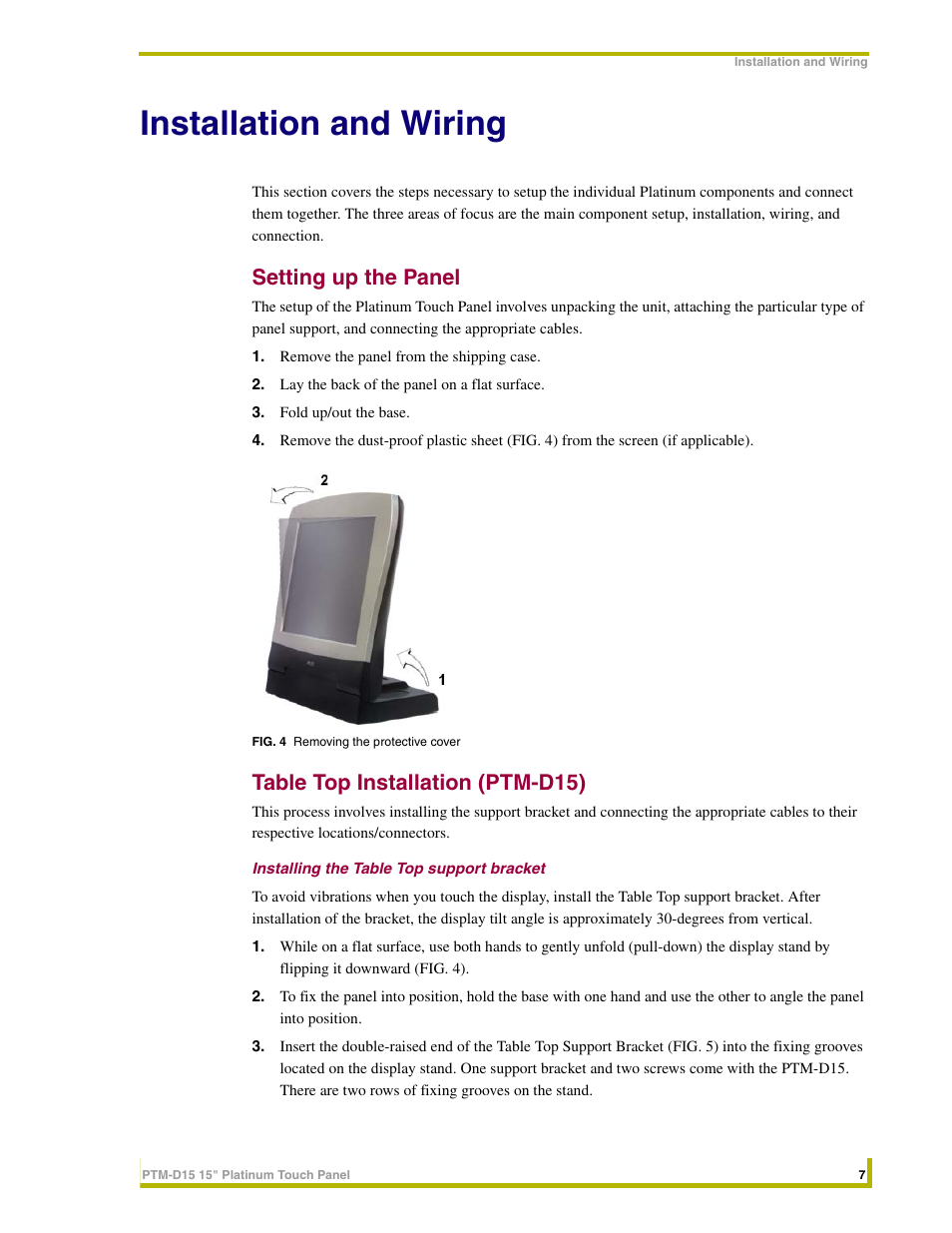 Installation and wiring, Setting up the panel, Table top installation (ptm-d15) | Installing the table top support bracket | AMX PTM-D15 User Manual | Page 13 / 42