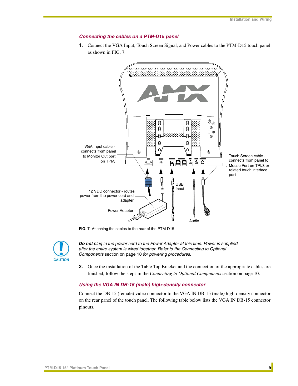 Connecting the cables on a ptm-d15 panel | AMX PTM-D15 User Manual | Page 15 / 42