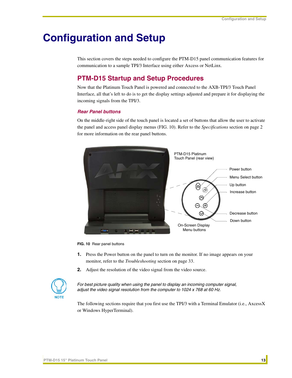 Configuration and setup, Ptm-d15 startup and setup procedures, Rear panel buttons | AMX PTM-D15 User Manual | Page 19 / 42