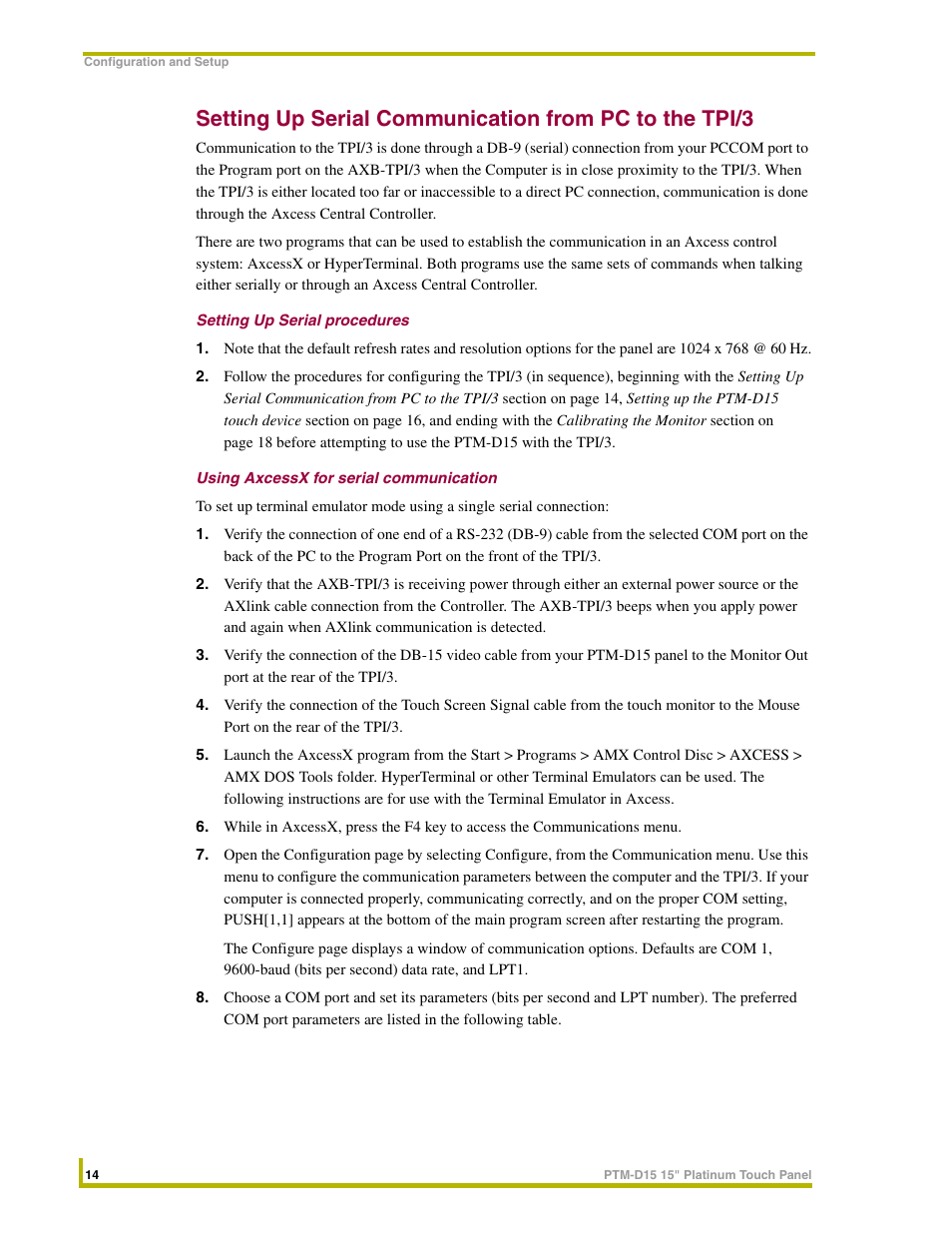 Setting up serial procedures, Using axcessx for serial communication | AMX PTM-D15 User Manual | Page 20 / 42