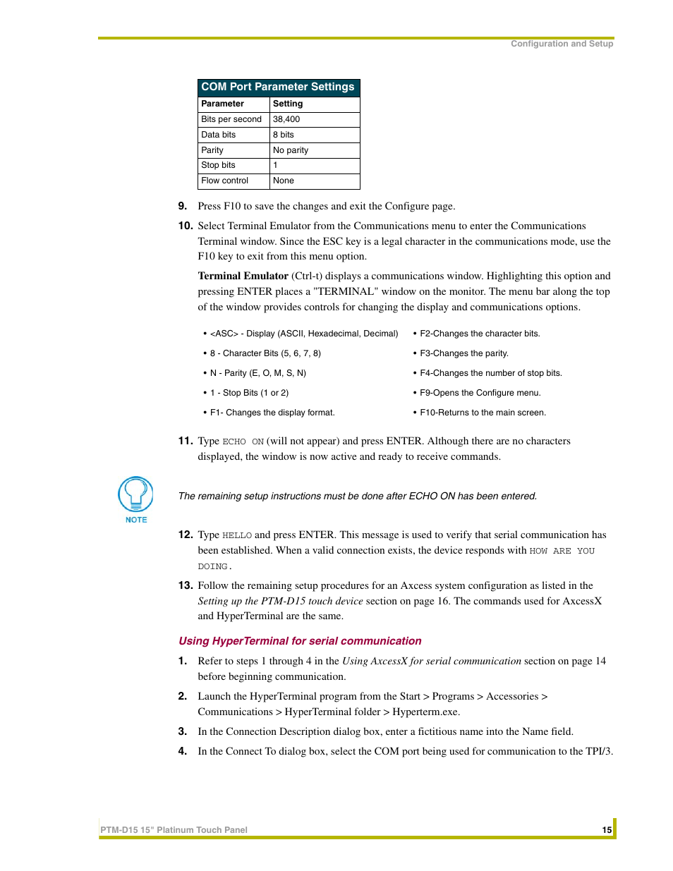 Using hyperterminal for serial communication | AMX PTM-D15 User Manual | Page 21 / 42