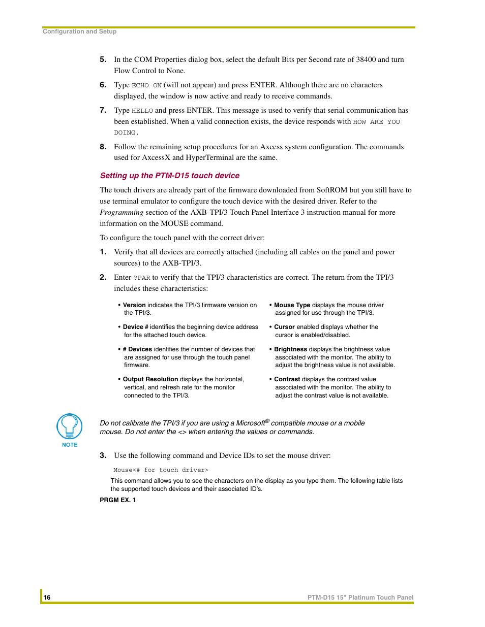 Setting up the ptm-d15 touch device, Setting up the ptm-d15 | AMX PTM-D15 User Manual | Page 22 / 42