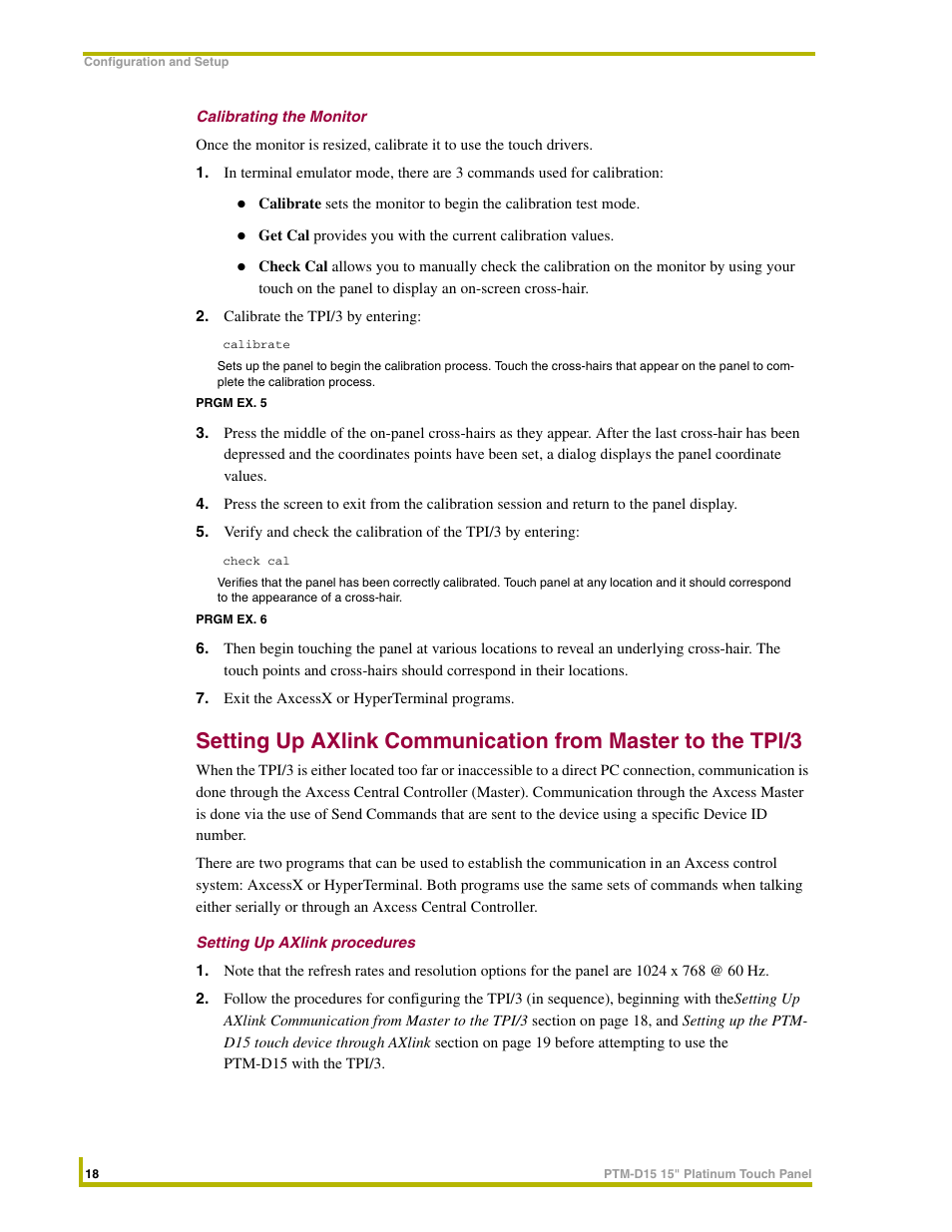 Calibrating the monitor, Setting up axlink procedures, Calibrating the monitor section on | AMX PTM-D15 User Manual | Page 24 / 42