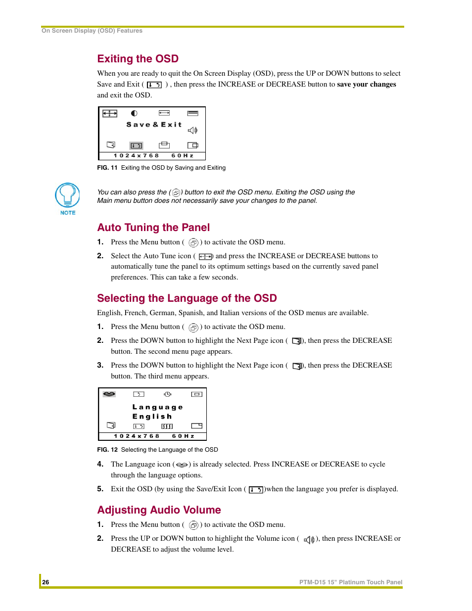 Exiting the osd, Auto tuning the panel, Selecting the language of the osd | Adjusting audio volume | AMX PTM-D15 User Manual | Page 32 / 42