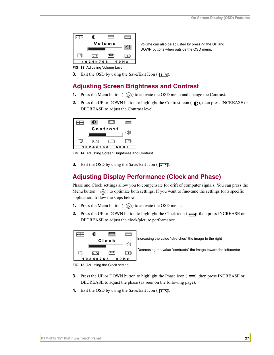 Adjusting screen brightness and contrast, Adjusting display performance (clock and phase) | AMX PTM-D15 User Manual | Page 33 / 42