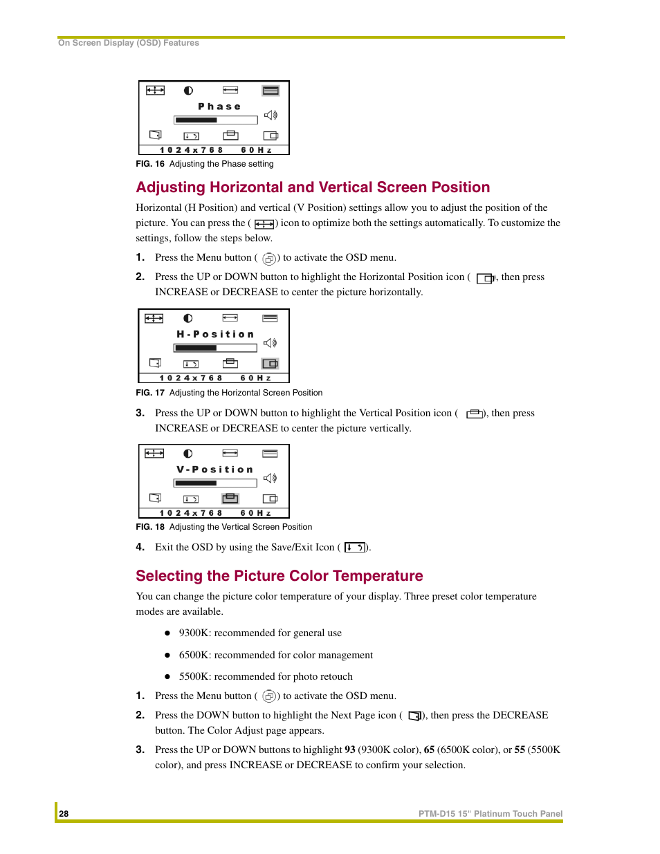 Adjusting horizontal and vertical screen position, Selecting the picture color temperature | AMX PTM-D15 User Manual | Page 34 / 42