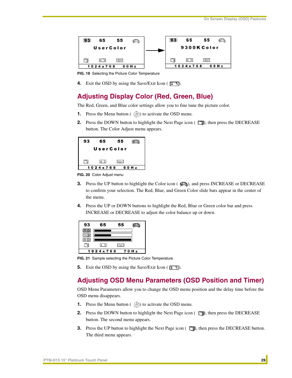 Adjusting display color (red, green, blue) | AMX PTM-D15 User Manual | Page 35 / 42