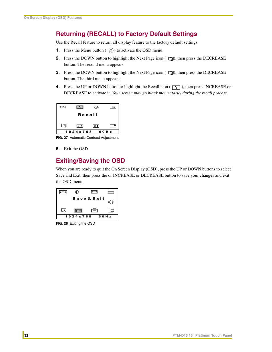 Returning (recall) to factory default settings, Exiting/saving the osd | AMX PTM-D15 User Manual | Page 38 / 42