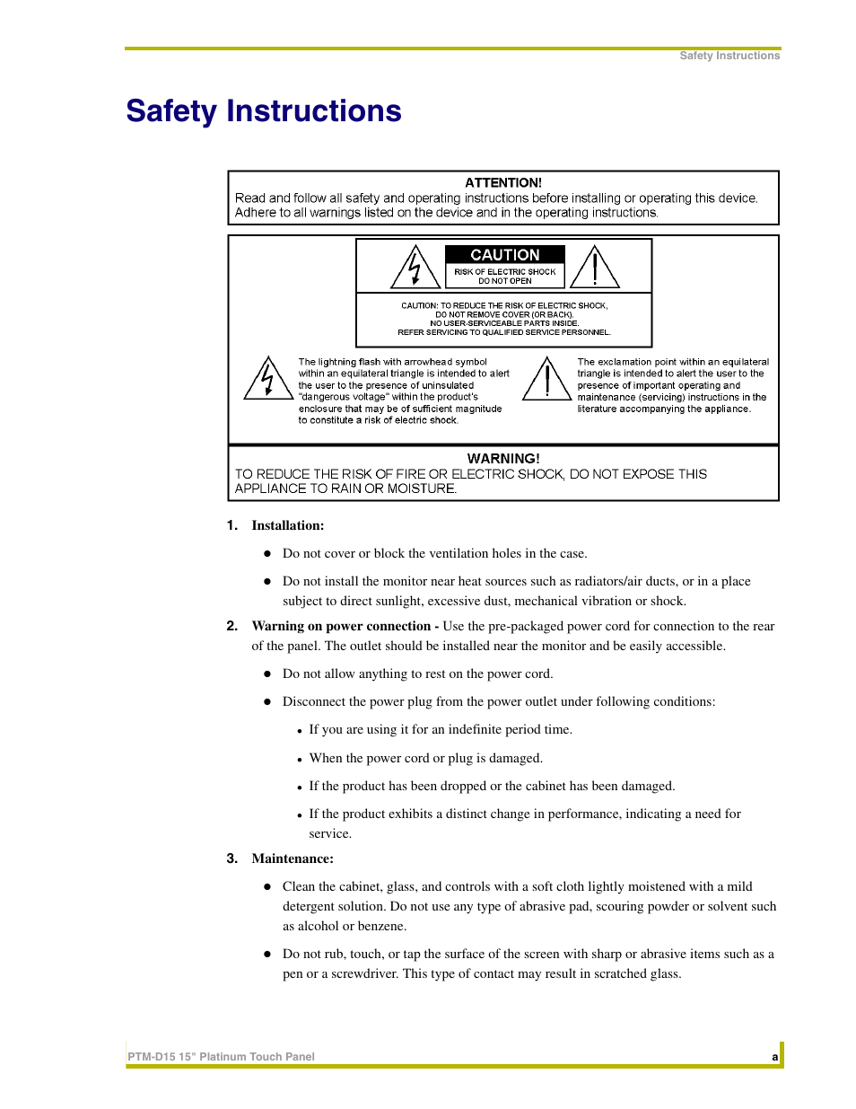 Safety instructions | AMX PTM-D15 User Manual | Page 5 / 42