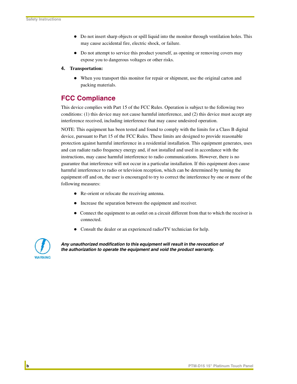 Fcc compliance | AMX PTM-D15 User Manual | Page 6 / 42