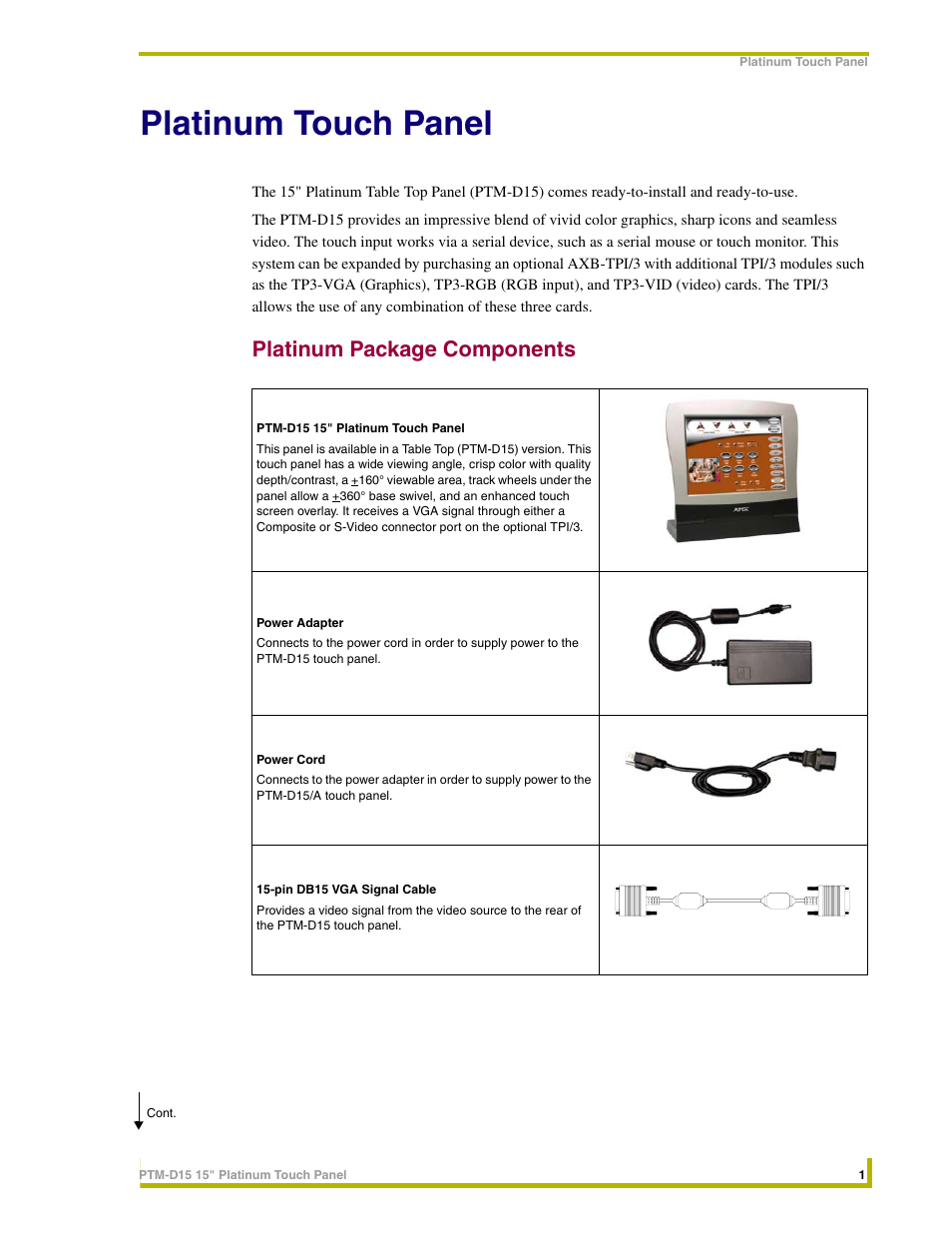 Platinum touch panel, Platinum package components | AMX PTM-D15 User Manual | Page 7 / 42