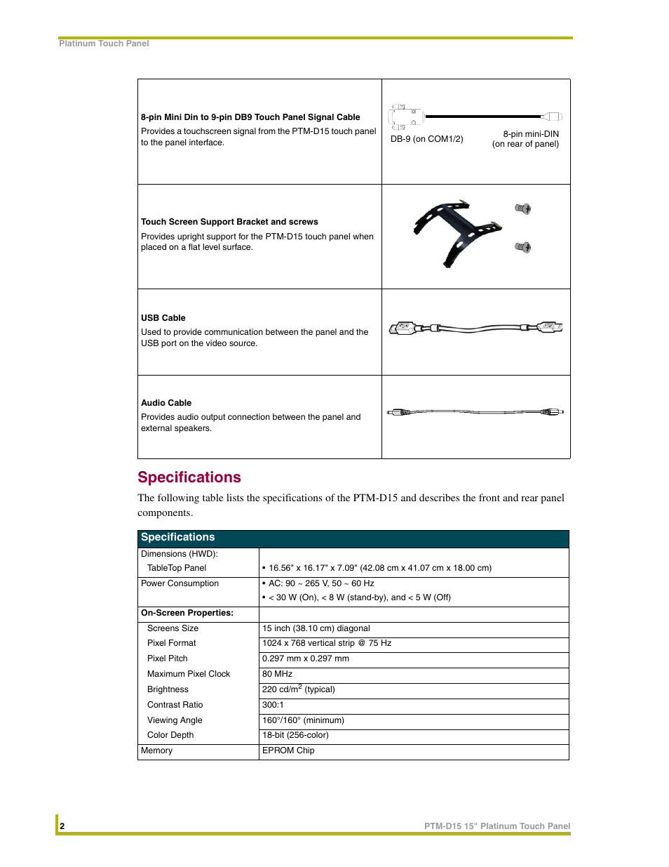 Specifications | AMX PTM-D15 User Manual | Page 8 / 42