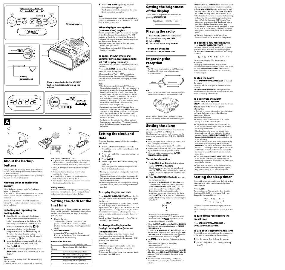 Setting the clock for the first time, Setting the clock and date, Setting the brightness of the display | Playing the radio, Improving the reception, Setting the alarm, Setting the sleep timer, About the backup battery | Sony ICF-C318 User Manual | Page 2 / 2