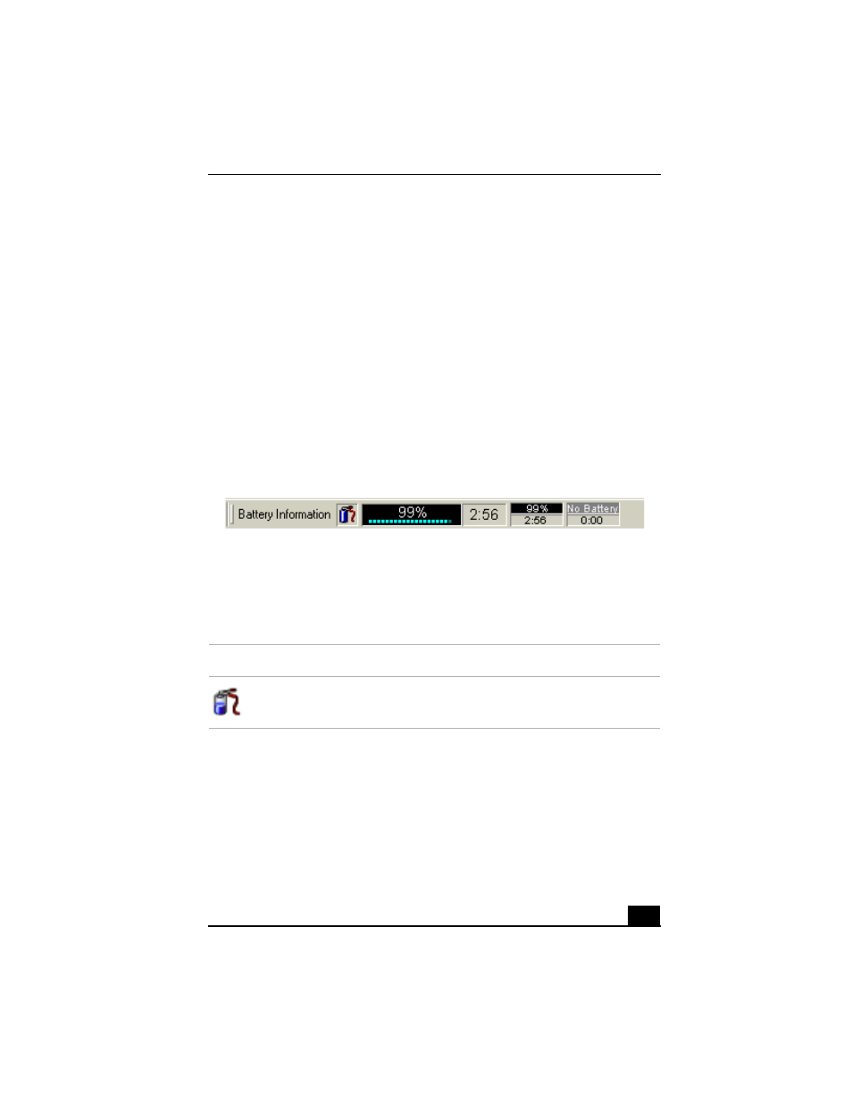 Displaying battery information, To activate the battery information toolbar, Battery icon descriptions | Sony PCG-FX310 User Manual | Page 75 / 136