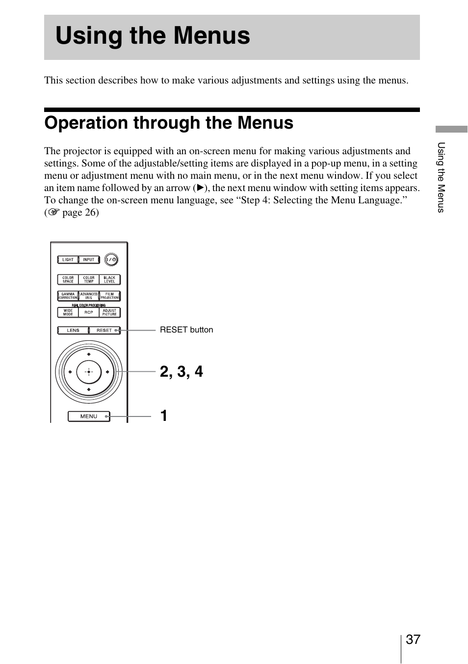 Using the menus, Operation through the menus | Sony VPL-VW200 User Manual | Page 37 / 88