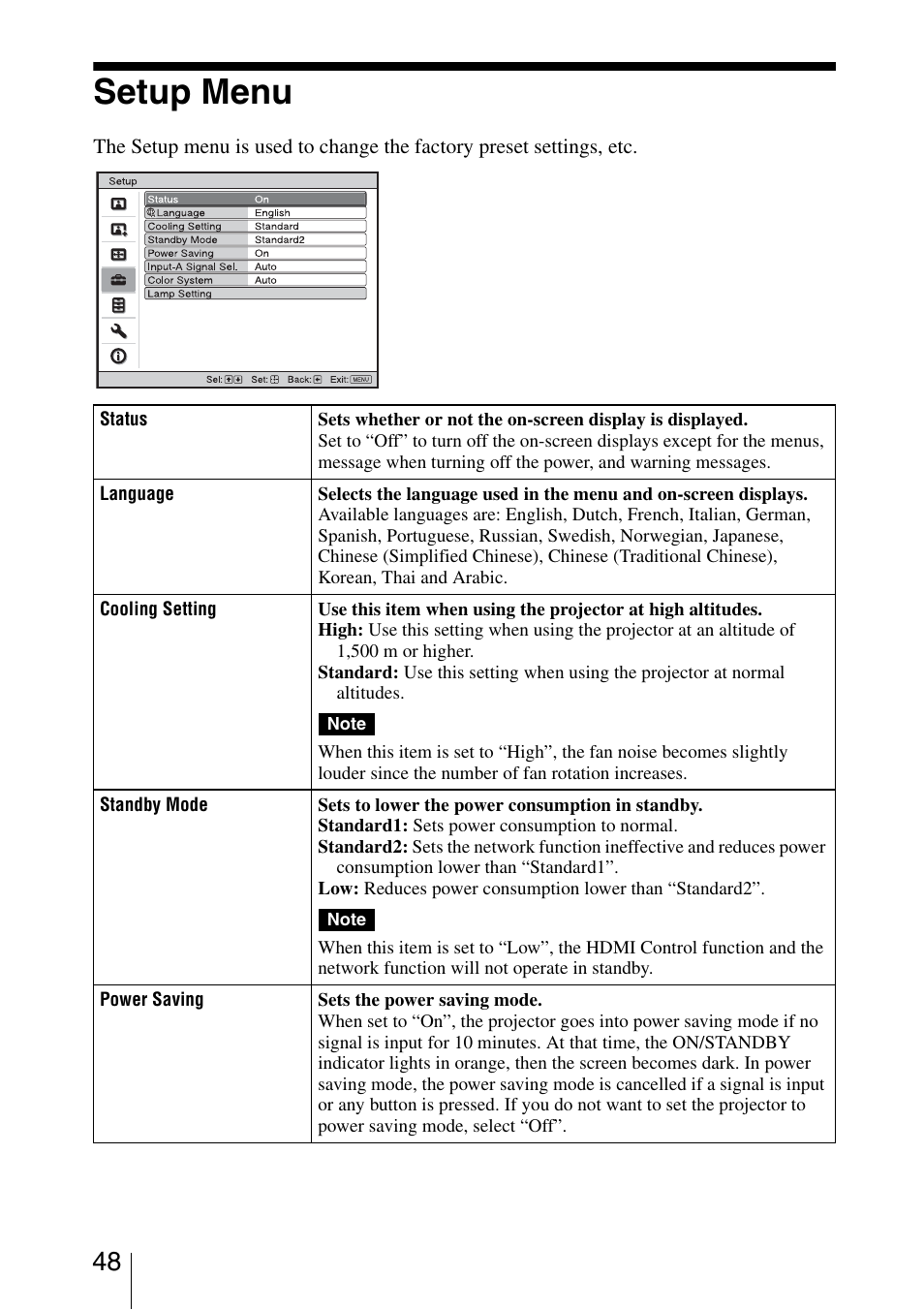 Setup menu | Sony VPL-VW200 User Manual | Page 48 / 88