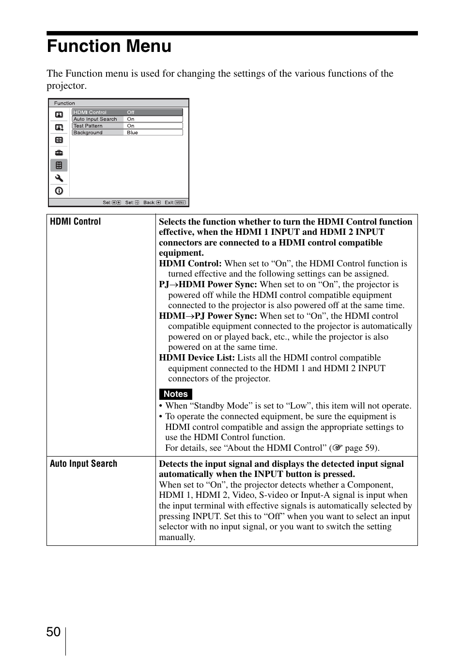 Function menu | Sony VPL-VW200 User Manual | Page 50 / 88