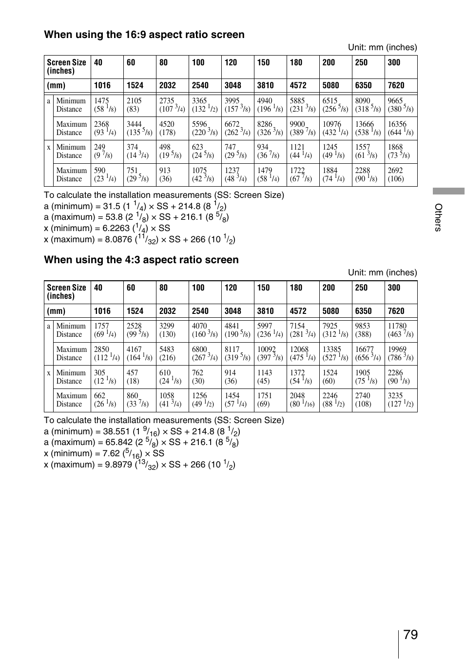 When using the 16:9 aspect ratio screen, When using the 4:3 aspect ratio screen | Sony VPL-VW200 User Manual | Page 79 / 88