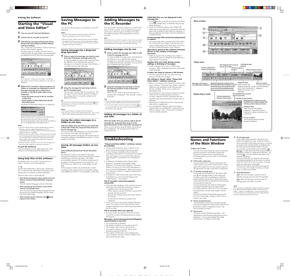 Starting the “visual and voice editor, Saving messages to the pc, Adding messages to the ic recorder | Troubleshooting, Names and functions of the main window | Sony ICD-CX50 User Manual | Page 2 / 2