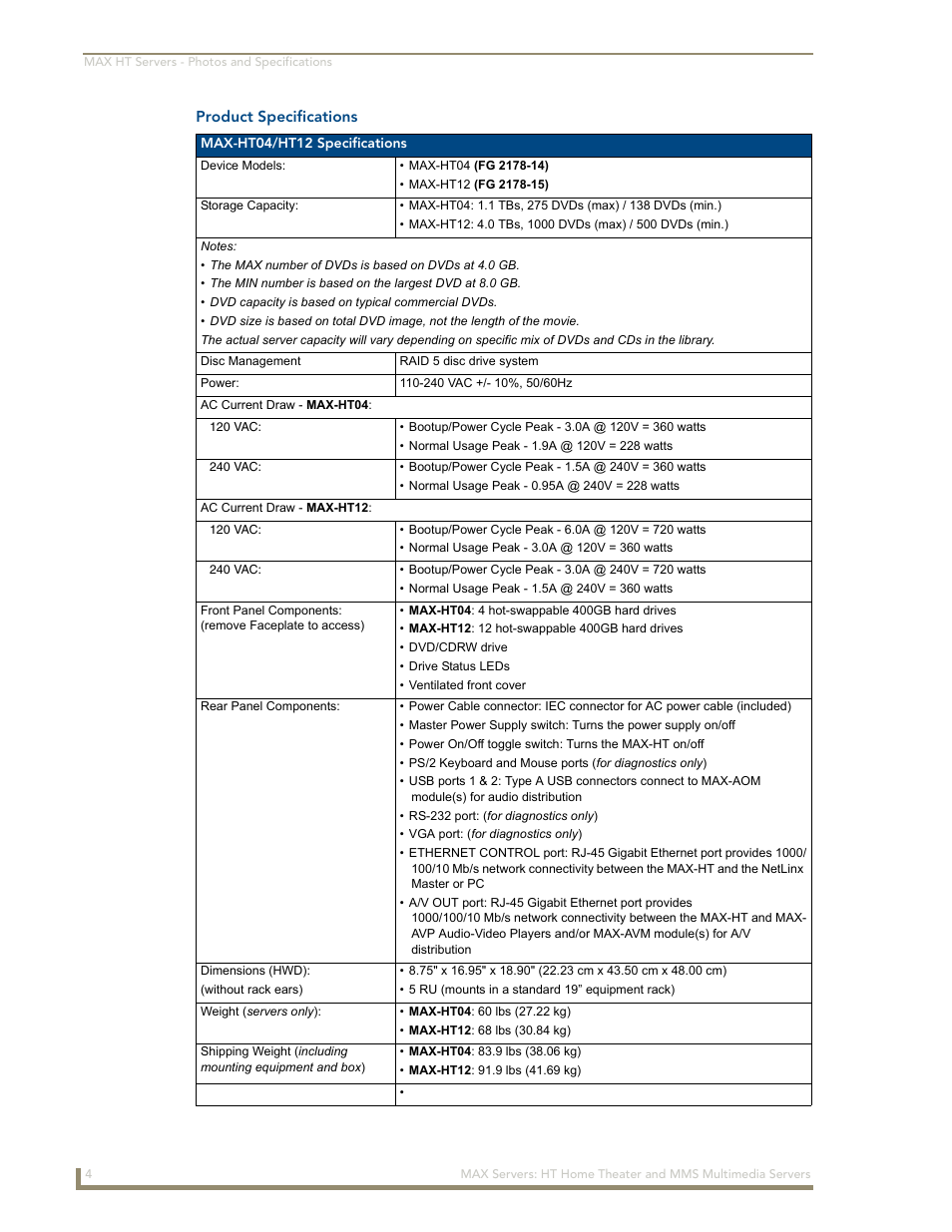 Product specifications | AMX MAX Servers User Manual | Page 10 / 80