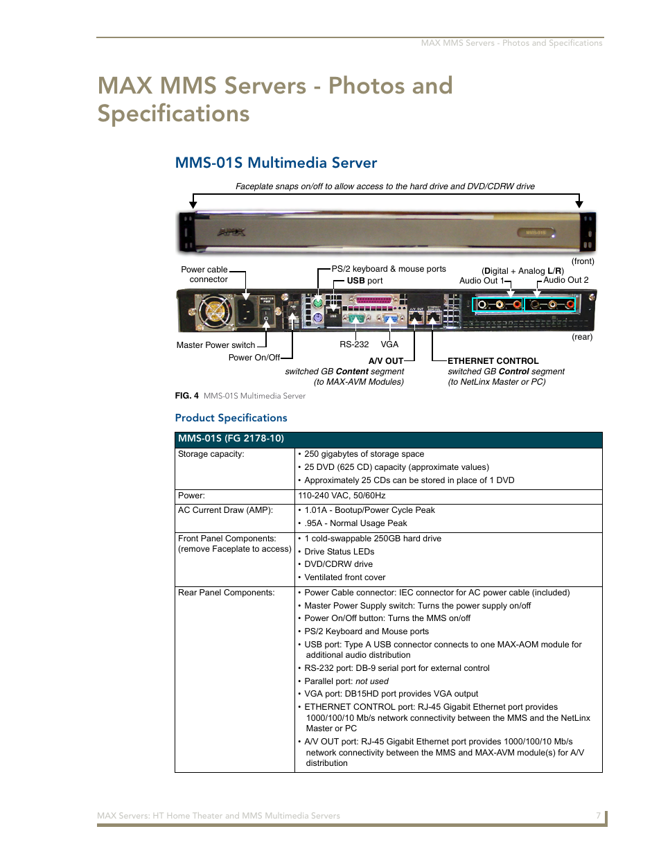 Max mms servers - photos and specifications, Mms-01s multimedia server, Product specifications | AMX MAX Servers User Manual | Page 13 / 80