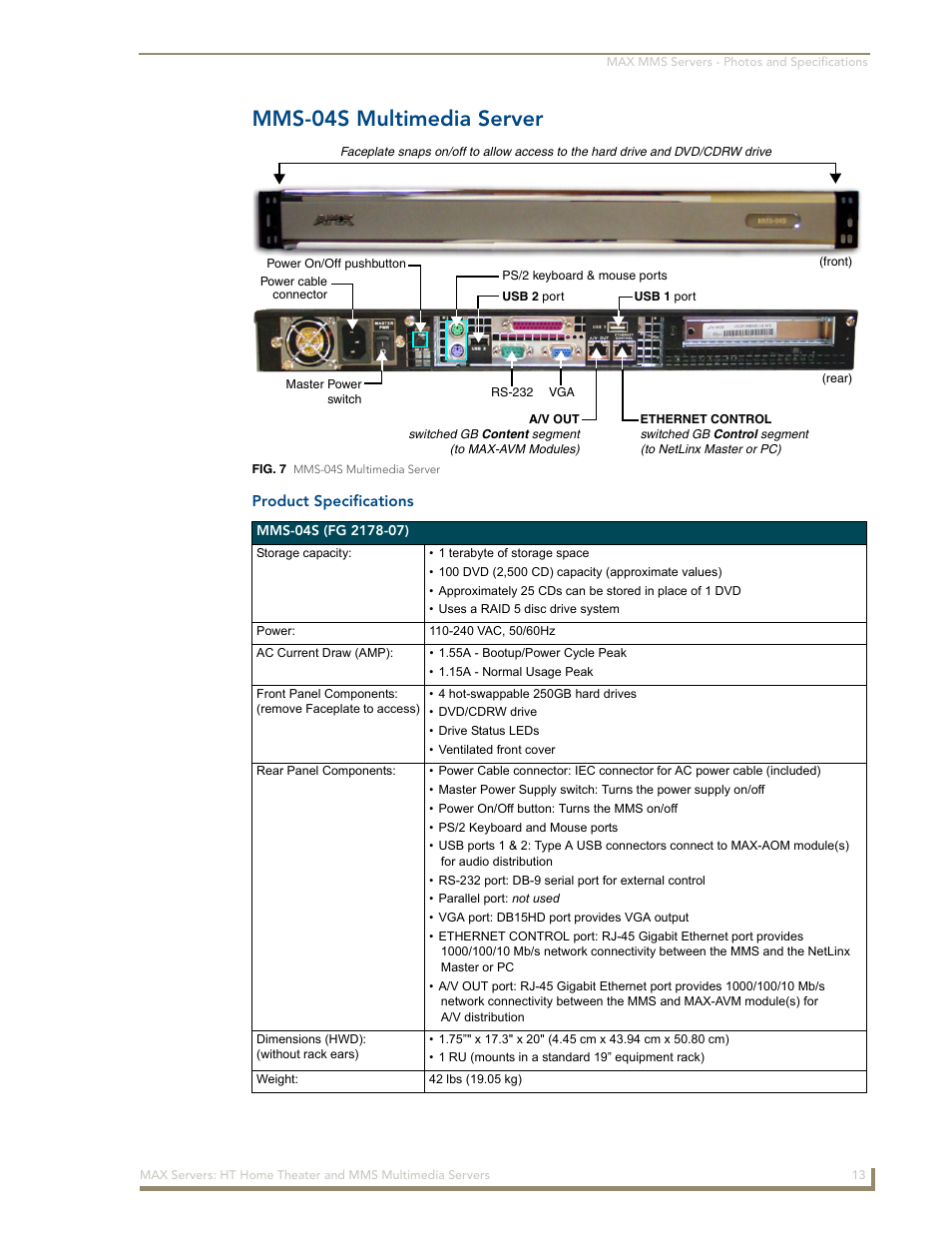 Mms-04s multimedia server, Product specifications | AMX MAX Servers User Manual | Page 19 / 80