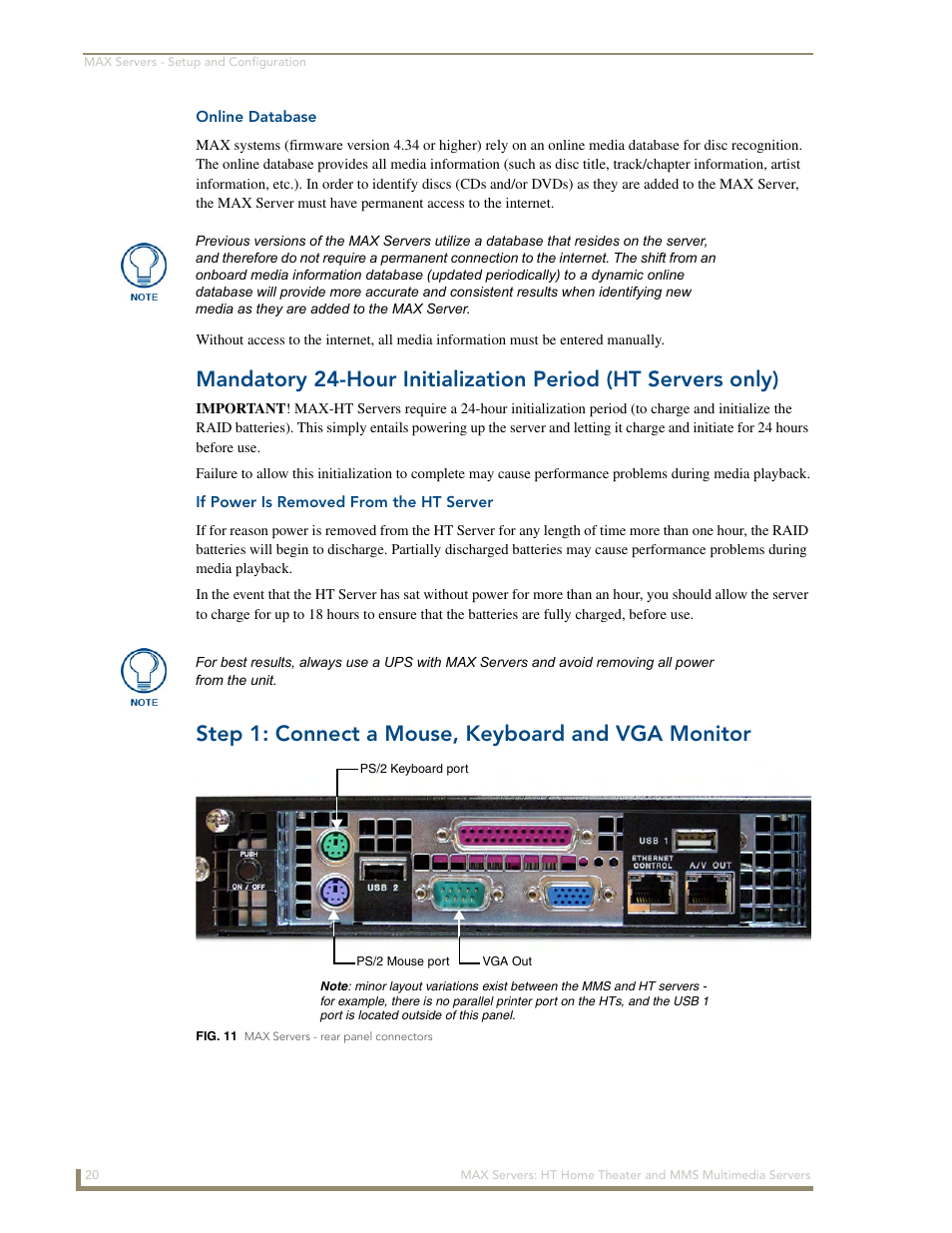 Online database, If power is removed from the ht server, Step 1: connect a mouse, keyboard and vga monitor | AMX MAX Servers User Manual | Page 26 / 80