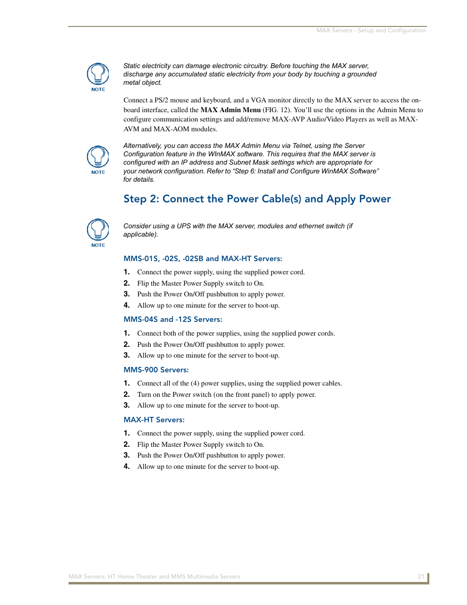 Step 2: connect the power cable(s) and apply power, Mms-01s, -02s, -02sb and max-ht servers, Mms-04s and -12s servers | Mms-900 servers, Max-ht servers | AMX MAX Servers User Manual | Page 27 / 80