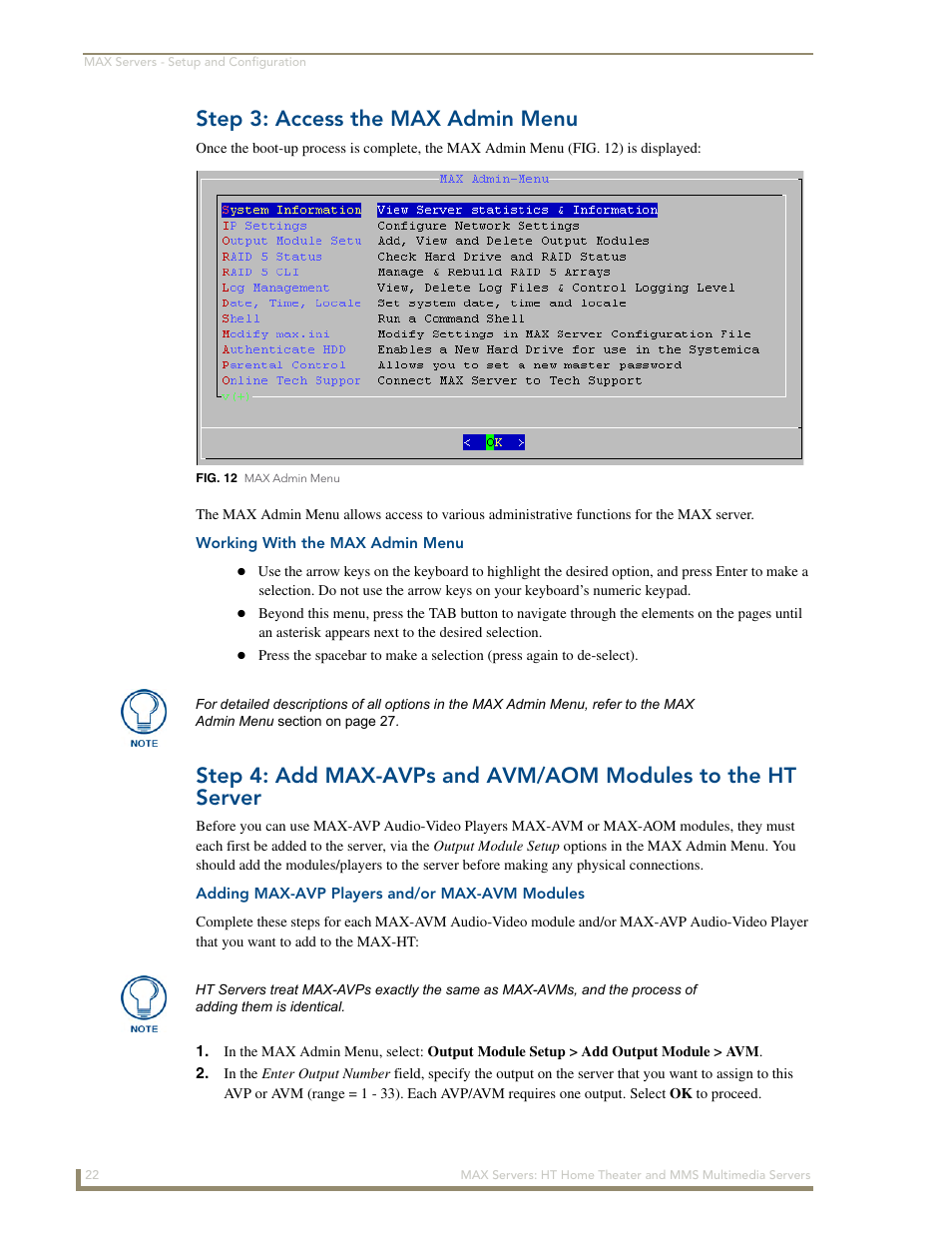 Step 3: access the max admin menu, Working with the max admin menu, Adding max-avp players and/or max-avm modules | AMX MAX Servers User Manual | Page 28 / 80